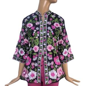 Vintage embroidered 1970's Dark floral jacket Caro of Honolulu‎ Kimono Bohemian